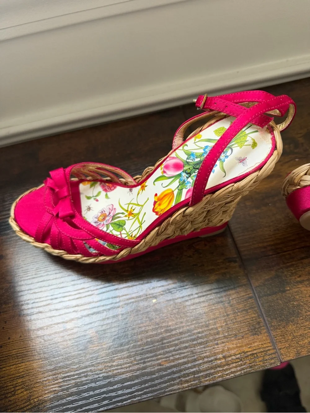 Guess Hot Pink Floral Espadrille Wedge Sandals